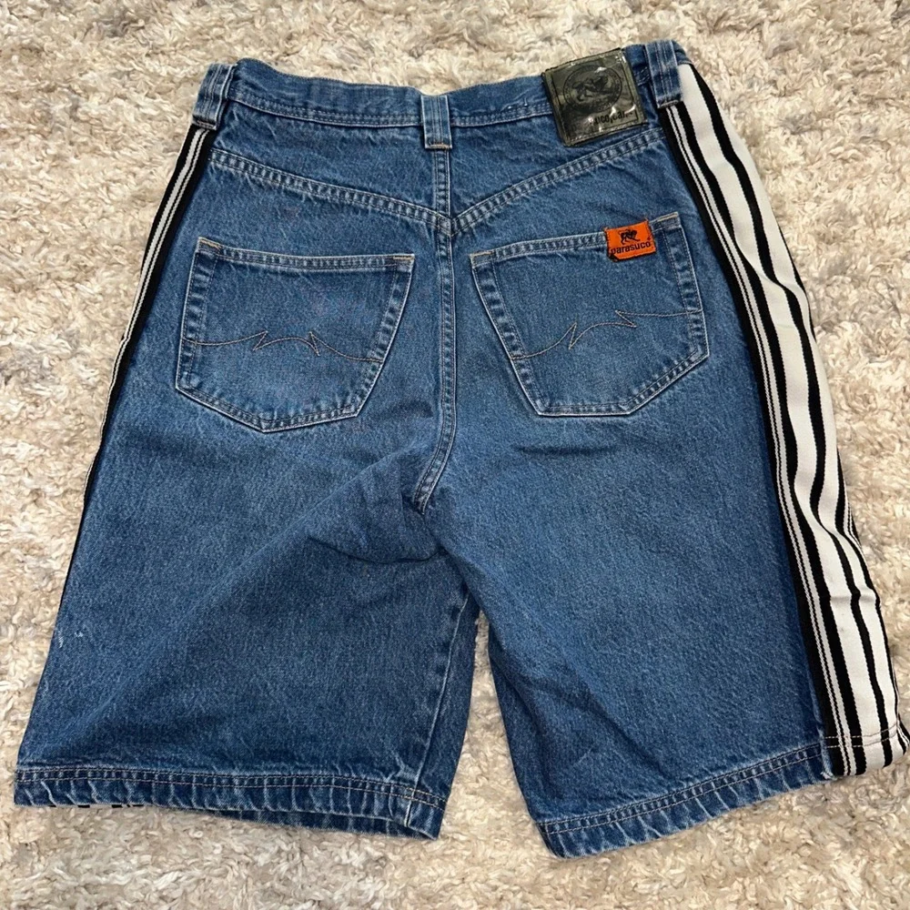 Parasuco Street Couture Mens 32 Blue Denim Shorts Striped Side Tape Y2K Vintage